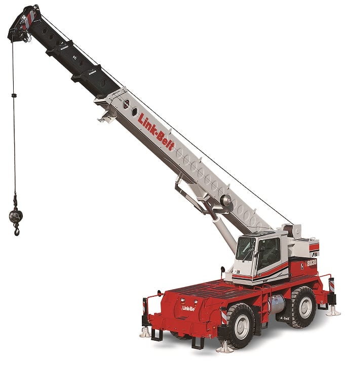 Link-Belt crane with extended boom for heavy lifting and construction tasks.