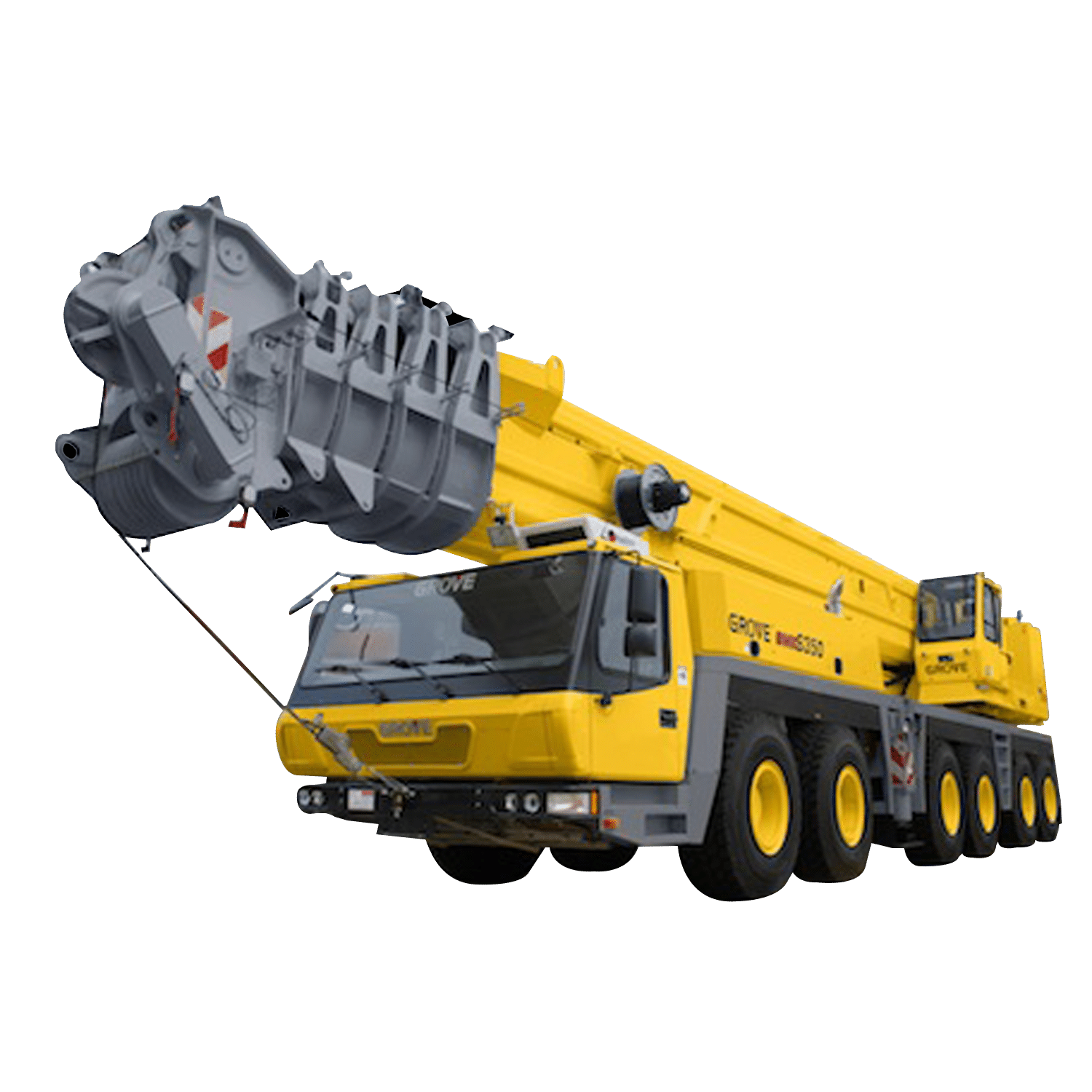 Grove yellow crane lifting heavy equipment at a construction site.