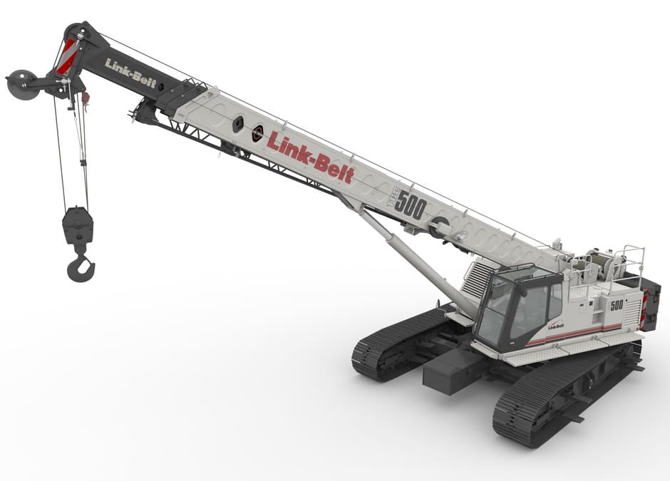 Link-Belt 500 model crane with a telescopic boom for heavy lifting and construction tasks.