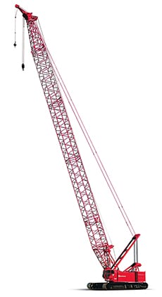 Red crane lifting heavy loads, ideal for construction and industrial projects.