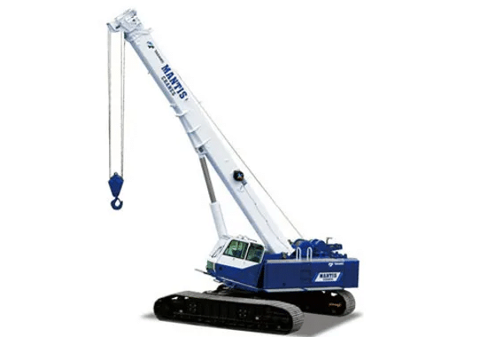 Crawler crane 2023 model with extended arm and hook for heavy lifting tasks.