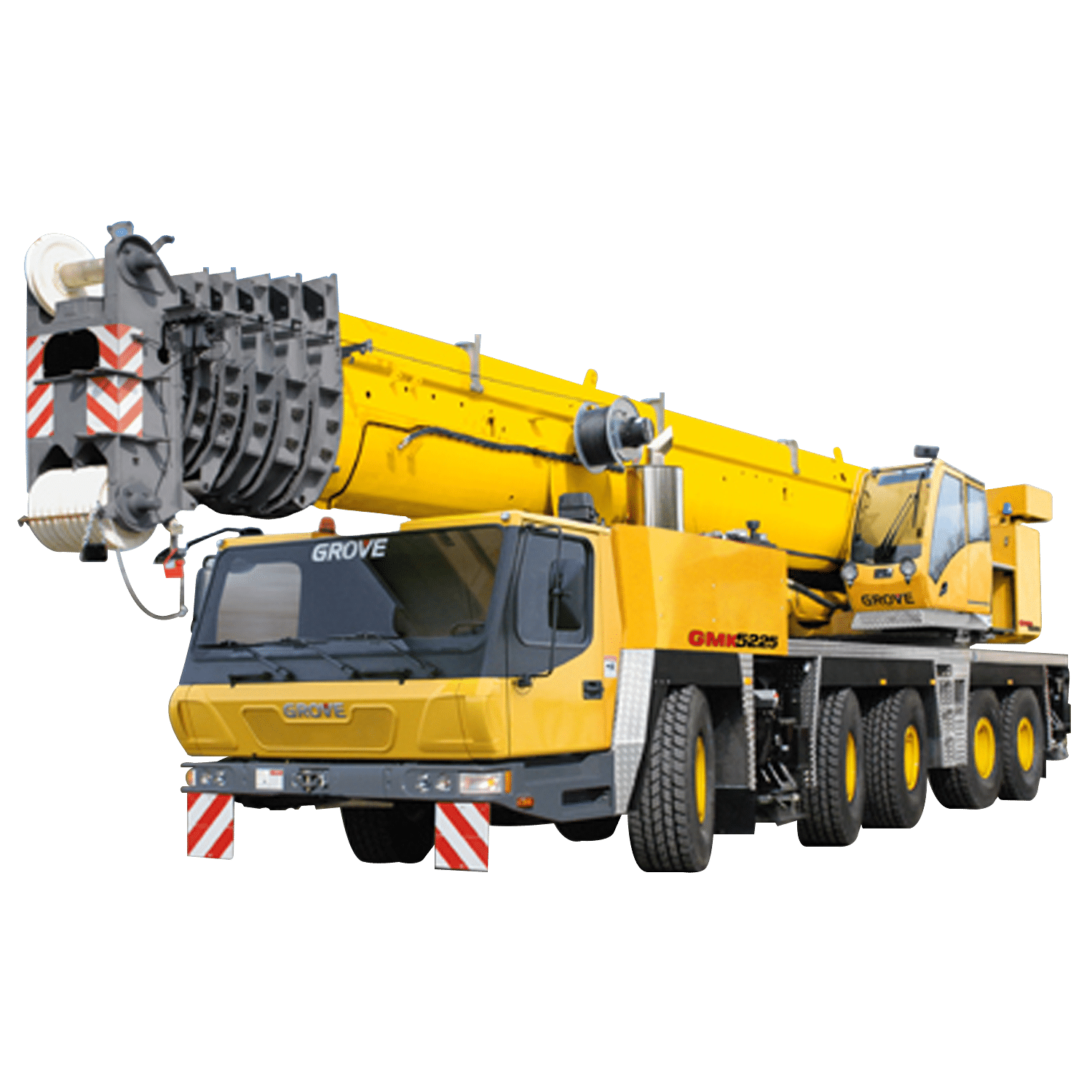 Grove GMK5225 crane in yellow, ideal for construction projects and heavy lifting.