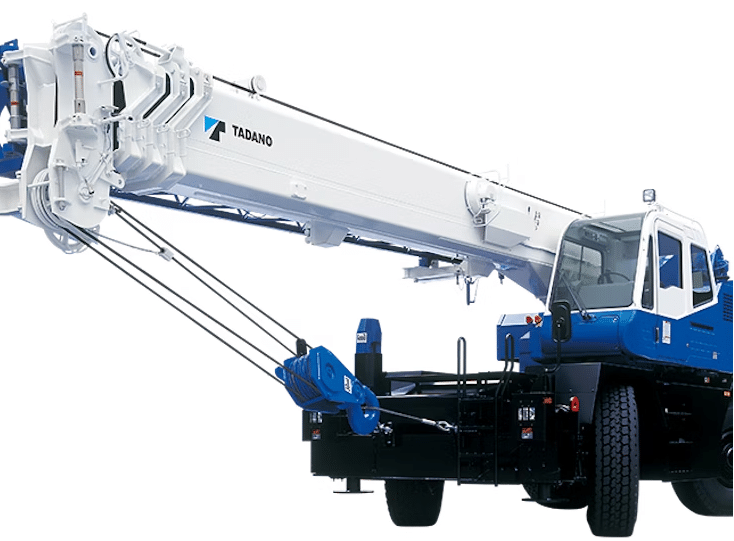Tadano GR-300XL-1 rough terrain crane with extended arm, designed for heavy lifting and construction tasks.