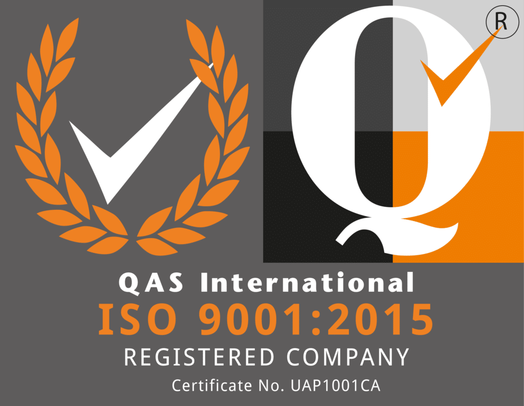 ISO 9001:2015 Certification Badge from QAS International. The badge includes a checkmark within an orange laurel wreath on the left and a large white letter "Q" with a checkmark on the right. Below the symbols, the text reads "QAS International," "ISO 9001:2015," "REGISTERED COMPANY," and "Certificate No. UAP1001CA" against a dark gray background.