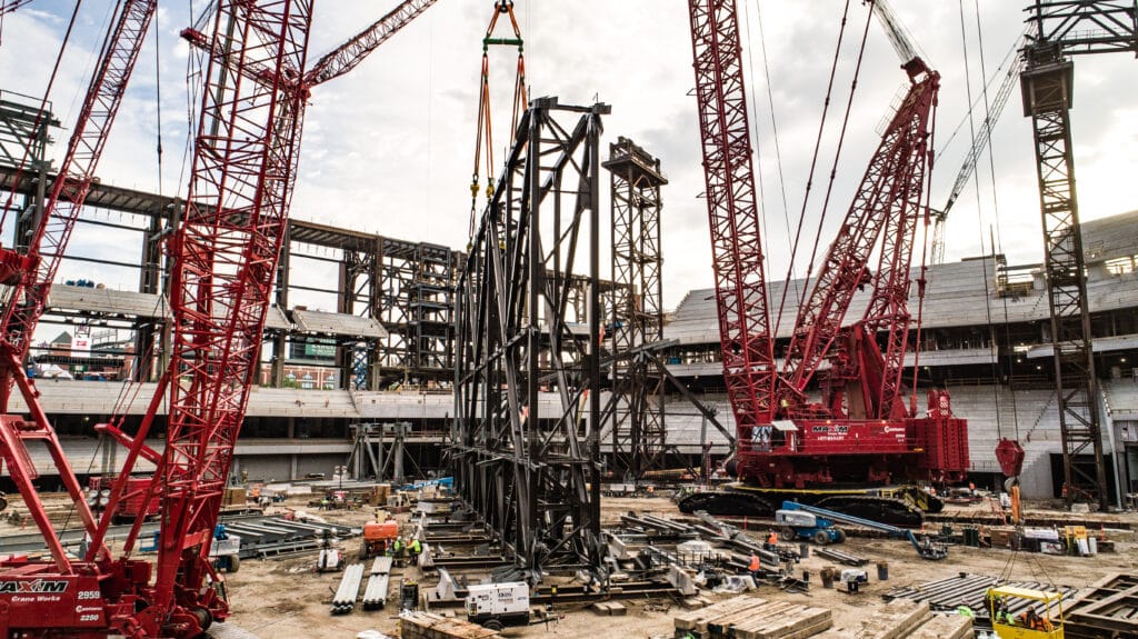 Maxim Crane Crawler Crane on the site of the texas rangers stadium project